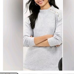 LOFT Cozy Light Gray shoulder Button Accent Mockneck Sweater, Size Small